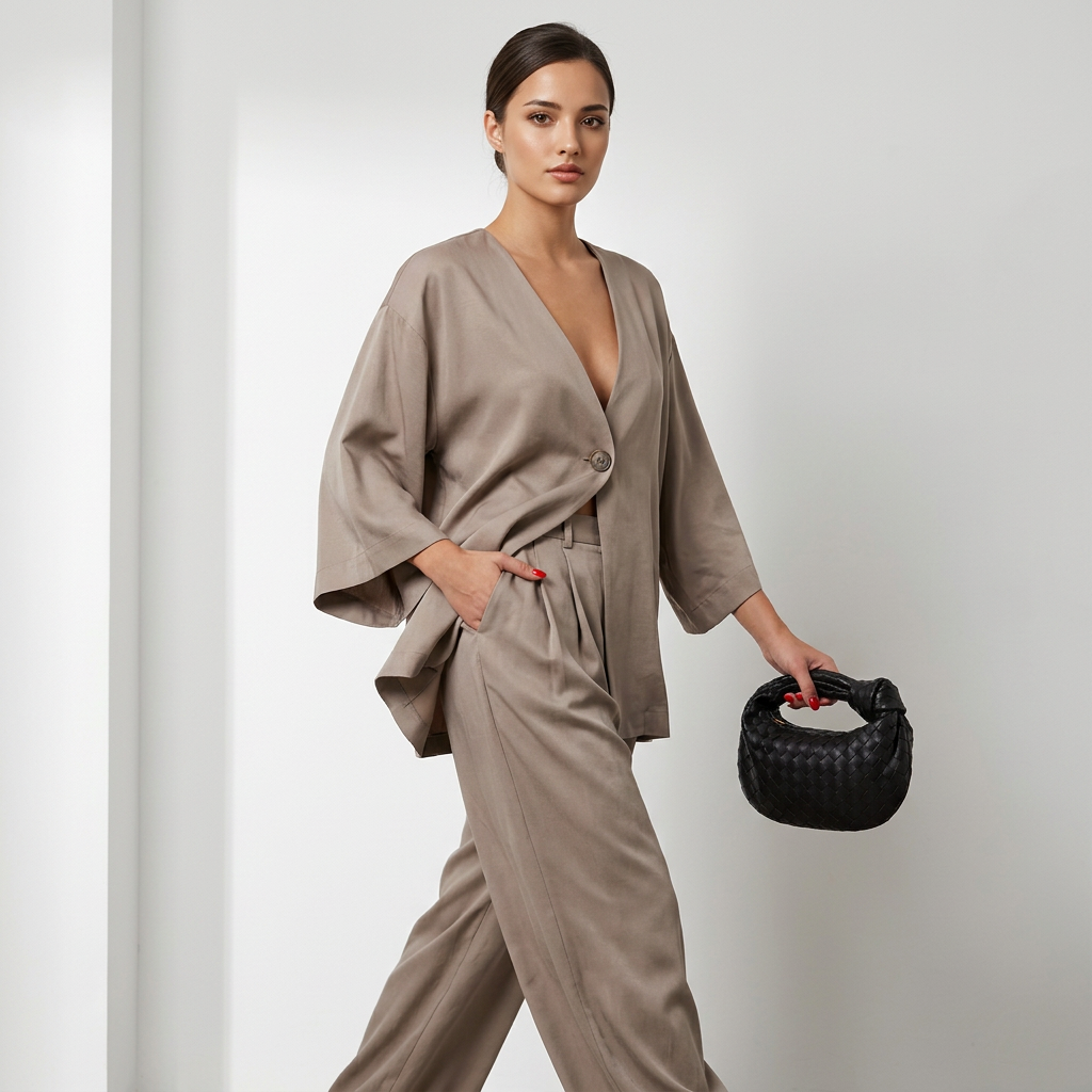 Taupe Single-Button Top and Wide Leg Pants Set for Women-Vyana Collective