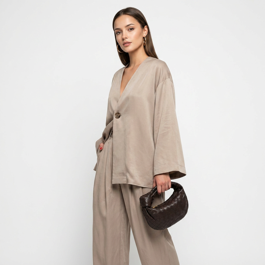 Taupe Single-Button Top and Wide Leg Pants Set for Women-Vyana Collective