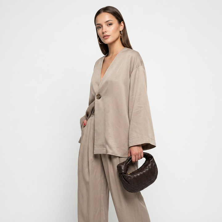 Taupe Single-Button Top and Wide Leg Pants Set for Women-Vyana Collective