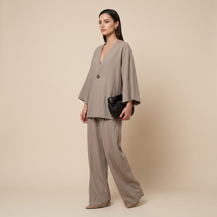 Taupe Single-Button Top and Wide Leg Pants Set for Women-Vyana Collective