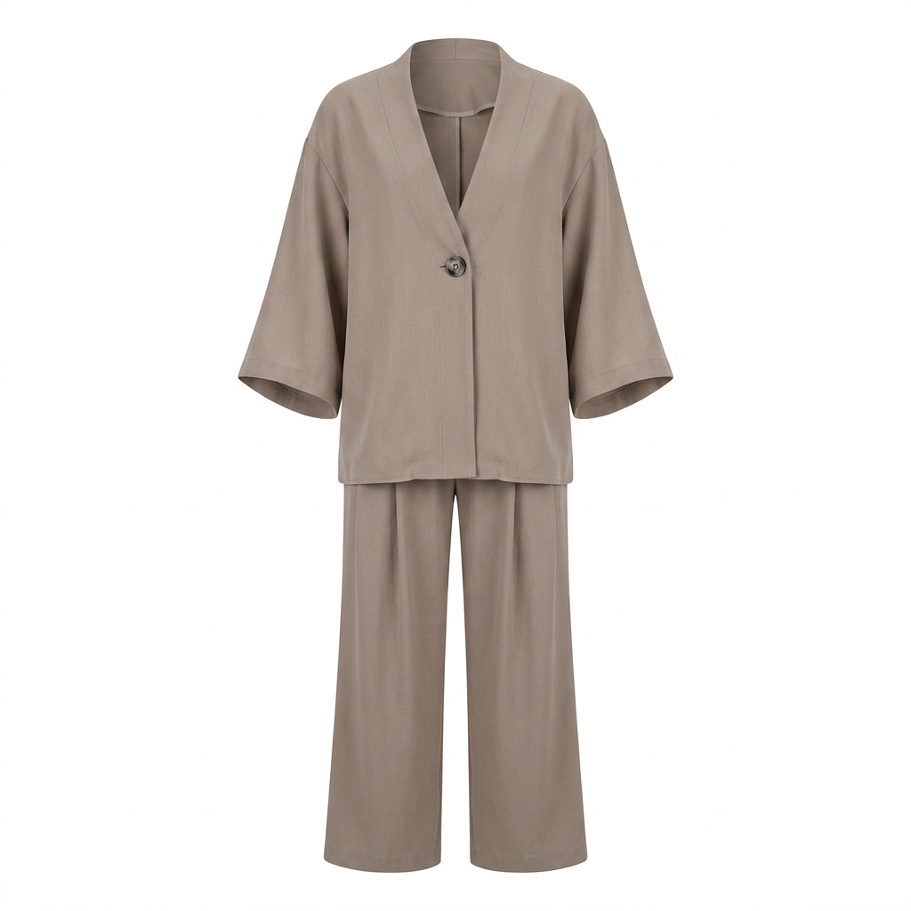 Taupe Single-Button Top and Wide Leg Pants Set for Women-Vyana Collective