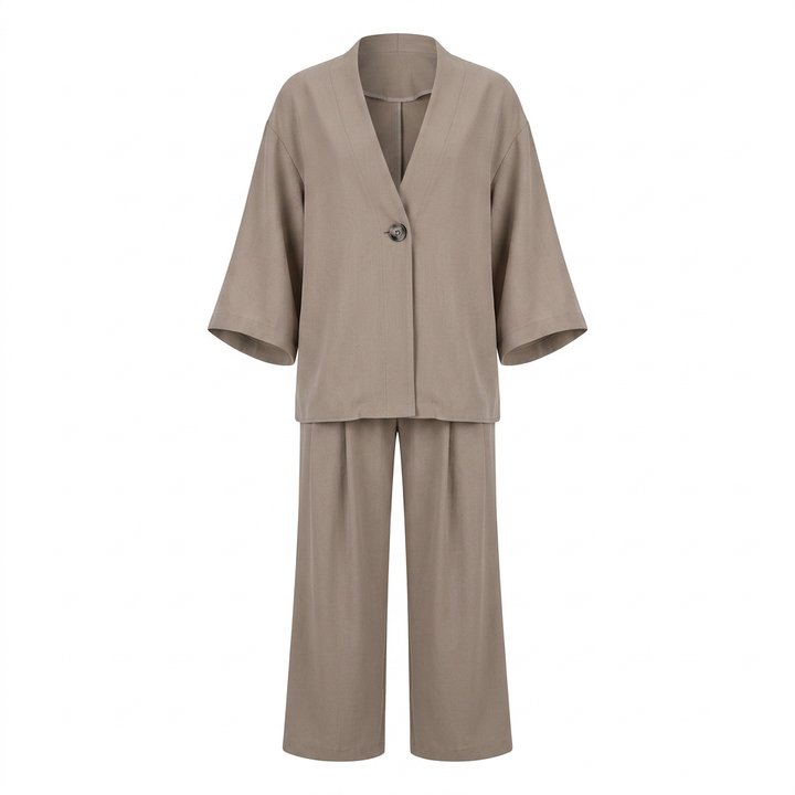 Taupe Single-Button Top and Wide Leg Pants Set for Women-Vyana Collective