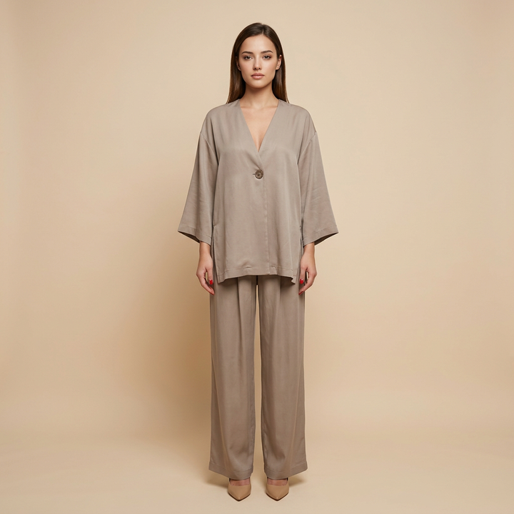 Taupe Single-Button Top and Wide Leg Pants Set for Women-Vyana Collective