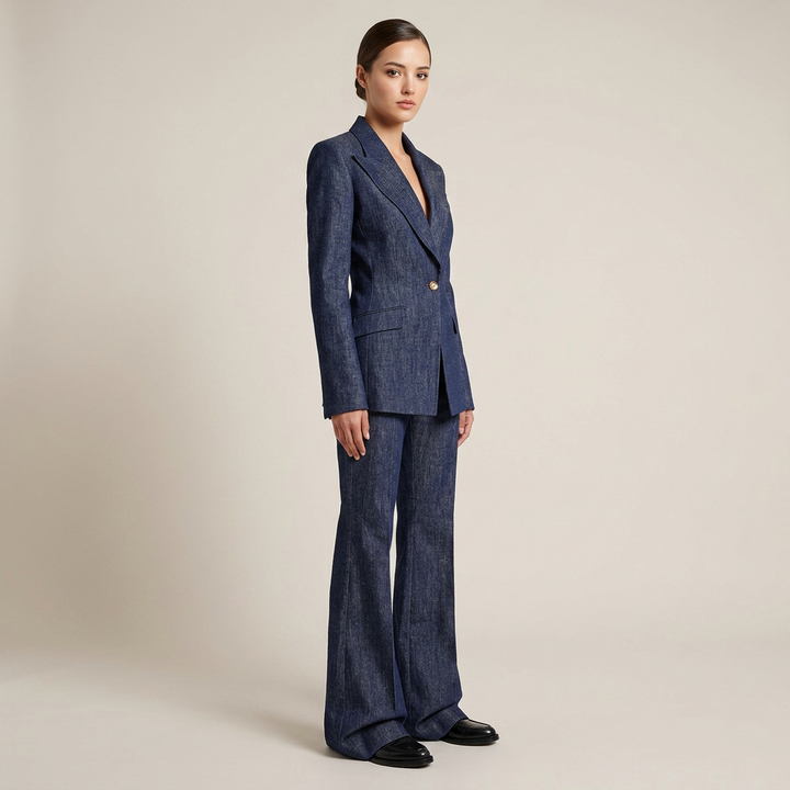 Textured Peak Lapel Blazer &amp; High Waist Flared Pants Two-Piece Suit Set-Vyana Collective