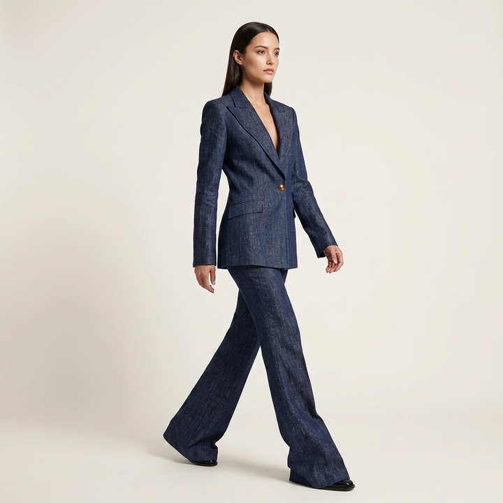 Textured Peak Lapel Blazer &amp; High Waist Flared Pants Two-Piece Suit Set-Vyana Collective