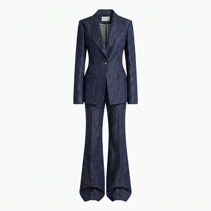 Textured Peak Lapel Blazer &amp; High Waist Flared Pants Two-Piece Suit Set-Vyana Collective