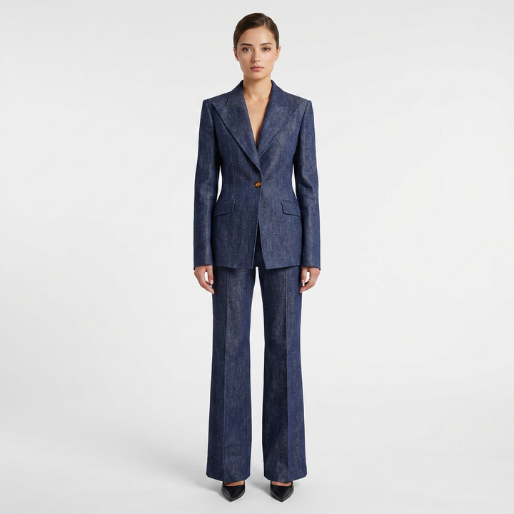 Textured Peak Lapel Blazer &amp; High Waist Flared Pants Two-Piece Suit Set-Vyana Collective