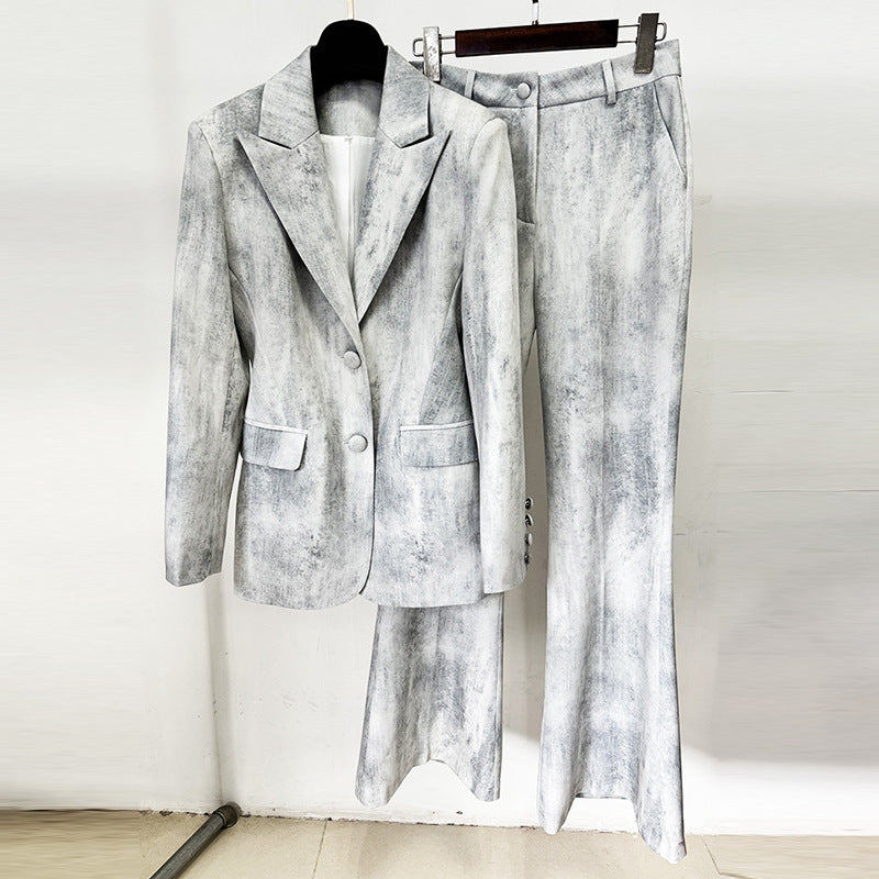 Tie Dye Blazer and Flared Pants Suit Set for Modern Office Style Women-Vyana Collective