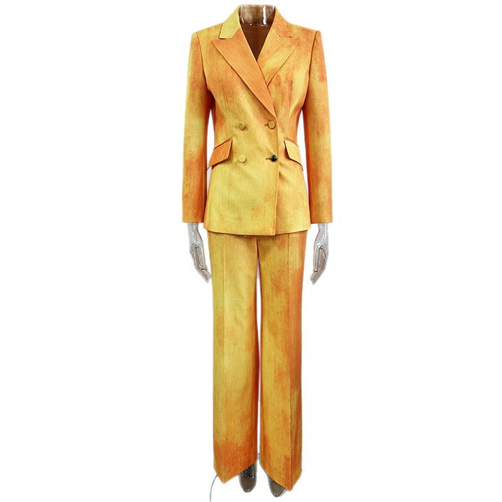 Tie-Dye Double-Breasted Blazer and Wide Leg Pants Set for Statement Office Style Women-Vyana Collective