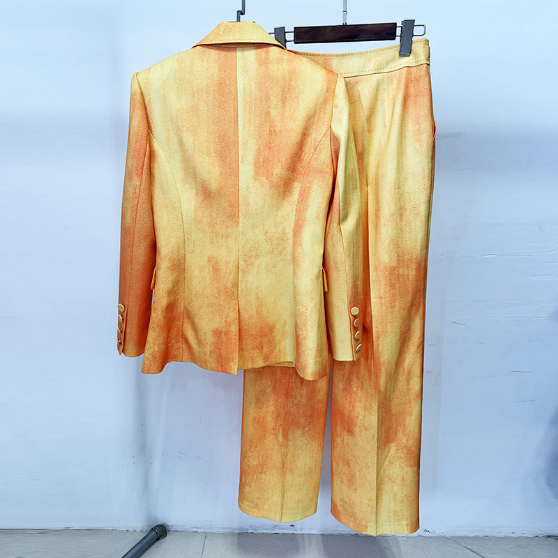 Tie-Dye Double-Breasted Blazer and Wide Leg Pants Set for Statement Office Style Women-Vyana Collective