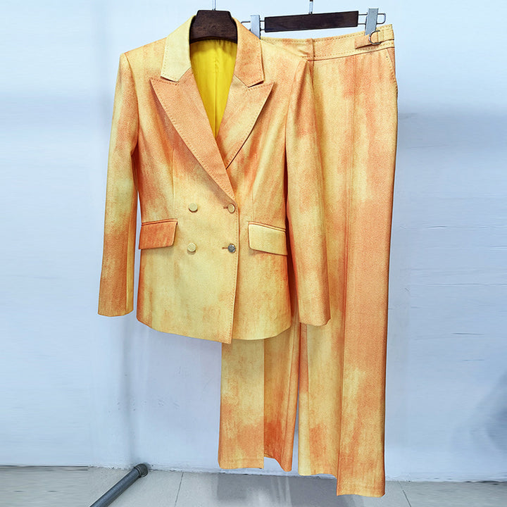 Tie-Dye Double-Breasted Blazer and Wide Leg Pants Set for Statement Office Style Women-Vyana Collective