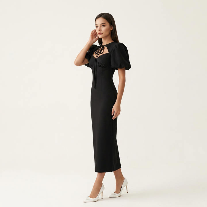 Tie Neck Puff Sleeve Midi Dress for Friday Night Vibes and Timeless Elegance Women-Vyana Collective