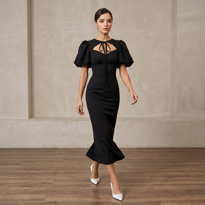 Tie Neck Puff Sleeve Midi Dress for Friday Night Vibes and Timeless Elegance Women-Vyana Collective