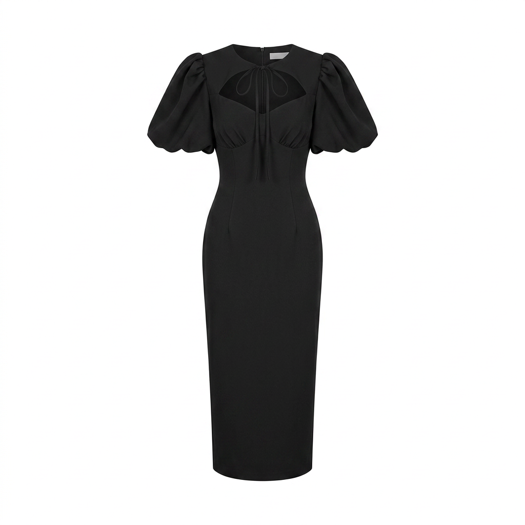 Tie Neck Puff Sleeve Midi Dress for Friday Night Vibes and Timeless Elegance Women-Vyana Collective