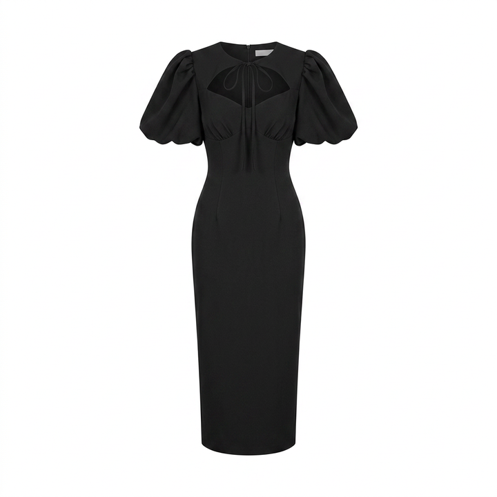 Tie Neck Puff Sleeve Midi Dress for Friday Night Vibes and Timeless Elegance Women-Vyana Collective