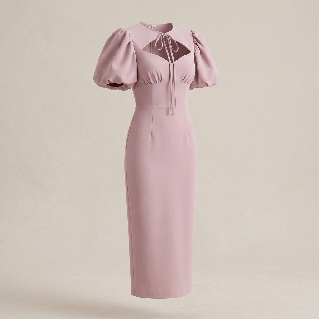 Tie Neck Puff Sleeve Midi Dress for Friday Night Vibes and Timeless Elegance Women-Vyana Collective