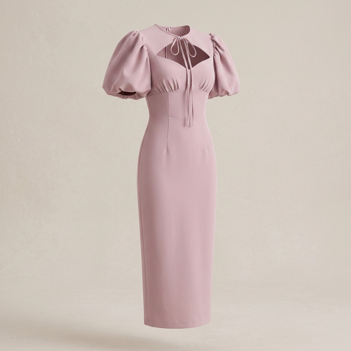 Tie Neck Puff Sleeve Midi Dress for Friday Night Vibes and Timeless Elegance Women-Vyana Collective