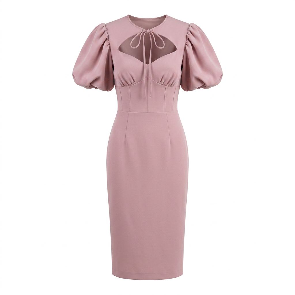 Tie Neck Puff Sleeve Midi Dress for Friday Night Vibes and Timeless Elegance Women-Vyana Collective