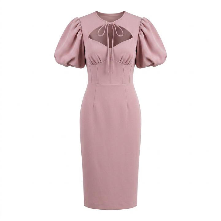 Tie Neck Puff Sleeve Midi Dress for Friday Night Vibes and Timeless Elegance Women-Vyana Collective