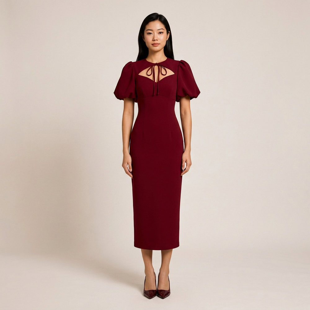 Tie Neck Puff Sleeve Midi Dress for Friday Night Vibes and Timeless Elegance Women-Vyana Collective