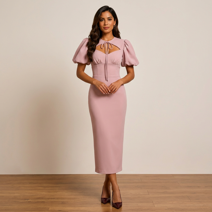 Tie Neck Puff Sleeve Midi Dress for Friday Night Vibes and Timeless Elegance Women-Vyana Collective