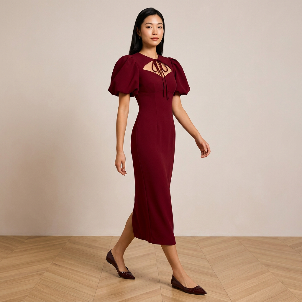 Tie Neck Puff Sleeve Midi Dress for Friday Night Vibes and Timeless Elegance Women-Vyana Collective