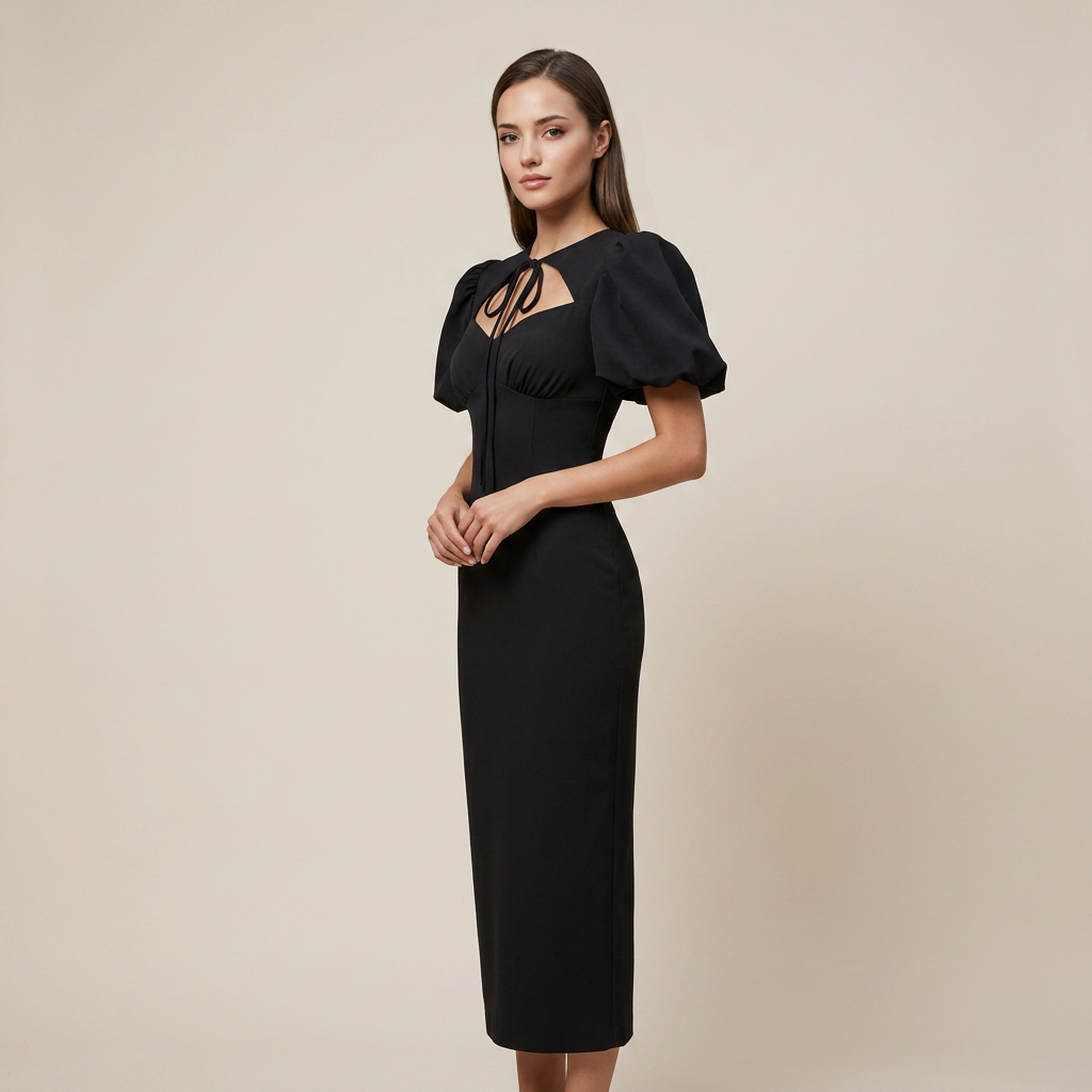 Tie Neck Puff Sleeve Midi Dress for Friday Night Vibes and Timeless Elegance Women-Vyana Collective