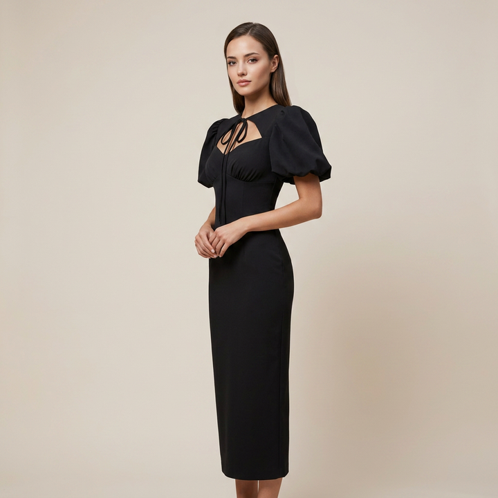 Tie Neck Puff Sleeve Midi Dress for Friday Night Vibes and Timeless Elegance Women-Vyana Collective