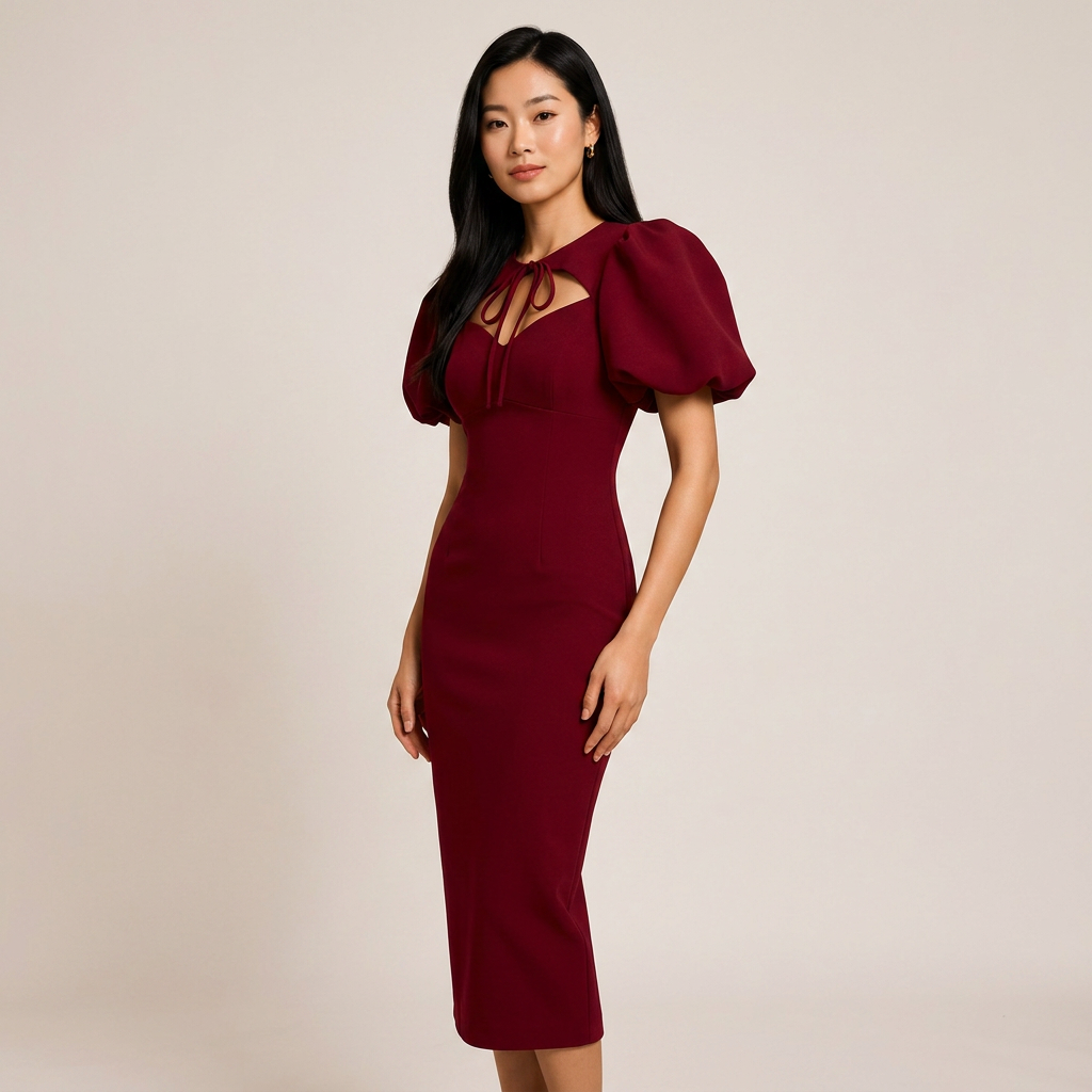 Tie Neck Puff Sleeve Midi Dress for Friday Night Vibes and Timeless Elegance Women-Vyana Collective