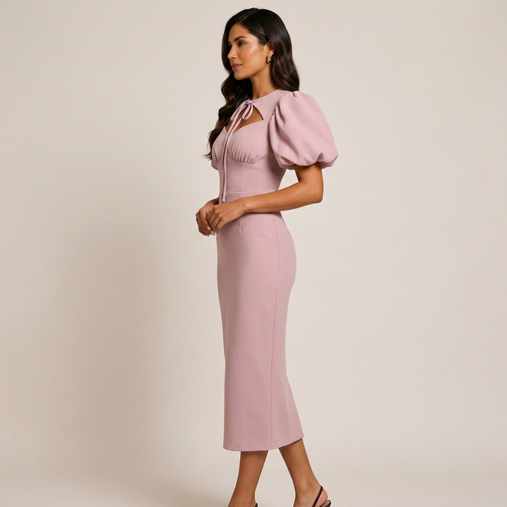Tie Neck Puff Sleeve Midi Dress for Friday Night Vibes and Timeless Elegance Women-Vyana Collective