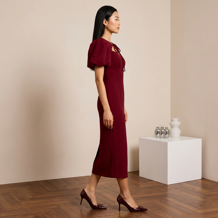 Tie Neck Puff Sleeve Midi Dress for Friday Night Vibes and Timeless Elegance Women-Vyana Collective