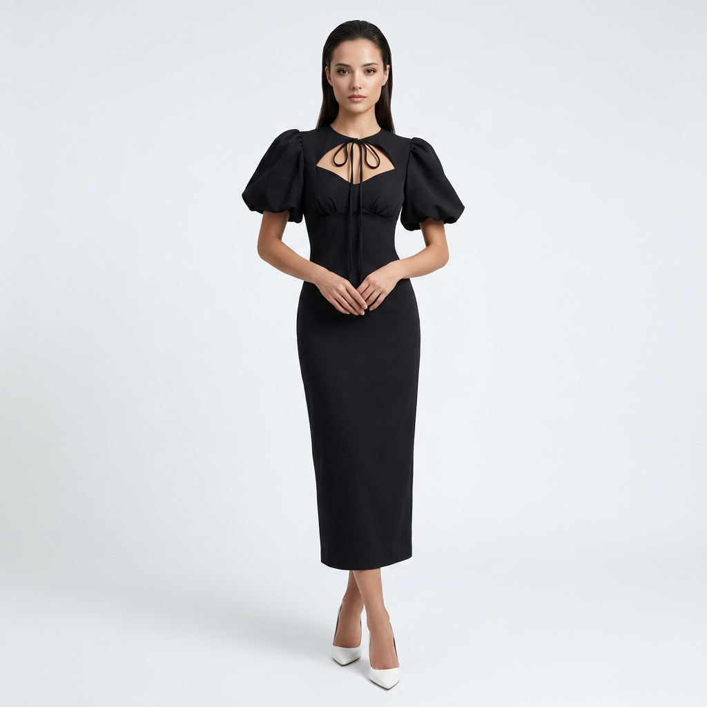 Tie Neck Puff Sleeve Midi Dress for Friday Night Vibes and Timeless Elegance Women-Vyana Collective