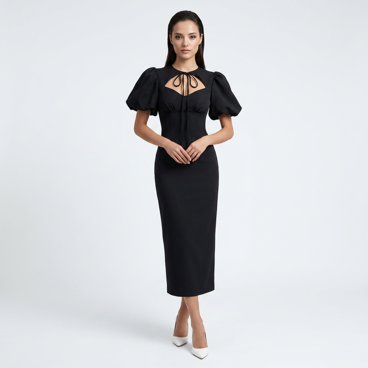 Tie Neck Puff Sleeve Midi Dress for Friday Night Vibes and Timeless Elegance Women-Vyana Collective