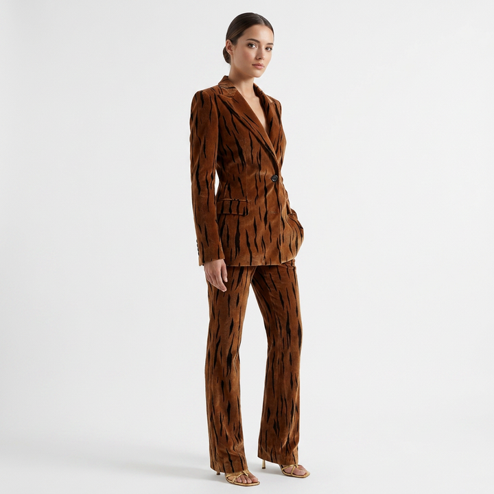Tiger Stripe Double-Breasted Blazer &amp; Flared Pants Suit Set-Vyana Collective