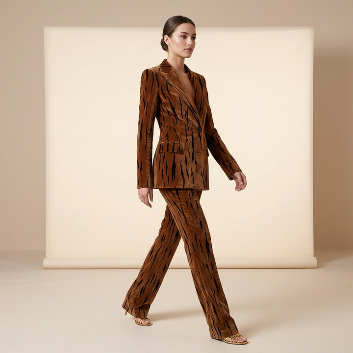 Tiger Stripe Double-Breasted Blazer &amp; Flared Pants Suit Set-Vyana Collective