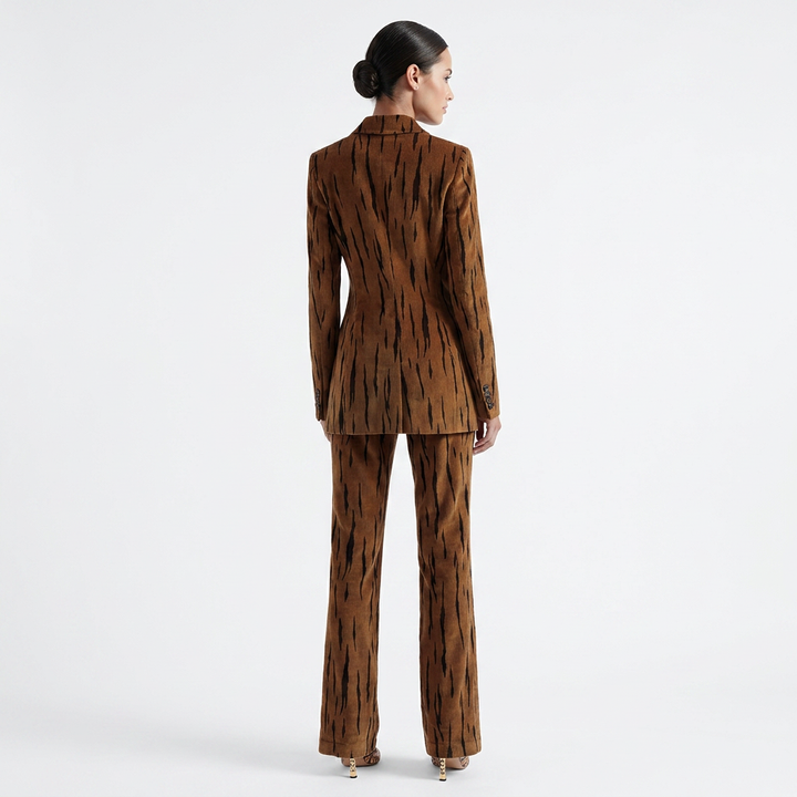 Tiger Stripe Double-Breasted Blazer &amp; Flared Pants Suit Set-Vyana Collective