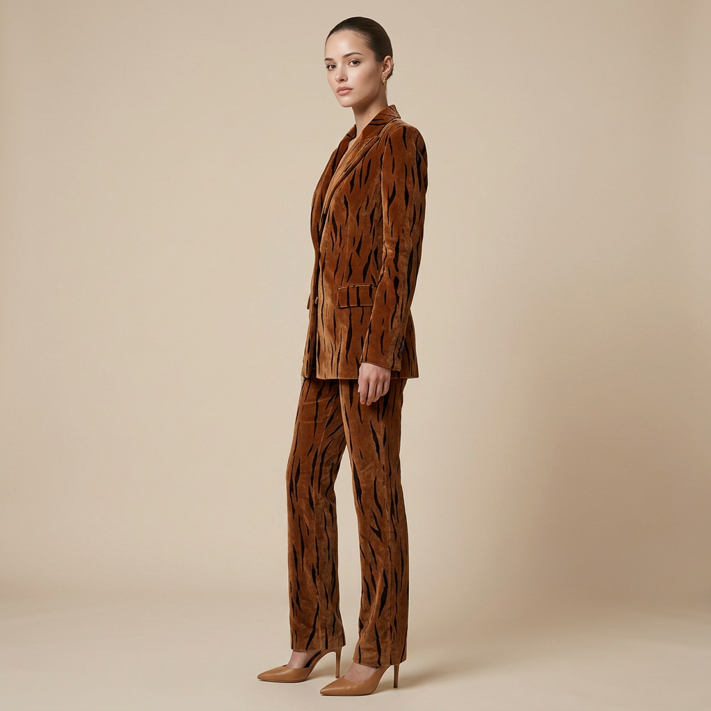 Tiger Stripe Double-Breasted Blazer &amp; Flared Pants Suit Set-Vyana Collective