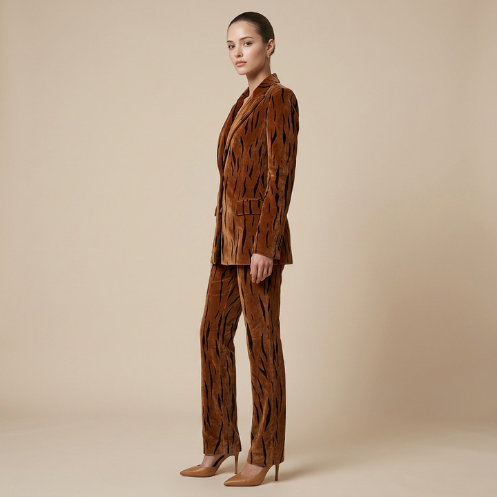 Tiger Stripe Double-Breasted Blazer &amp; Flared Pants Suit Set-Vyana Collective