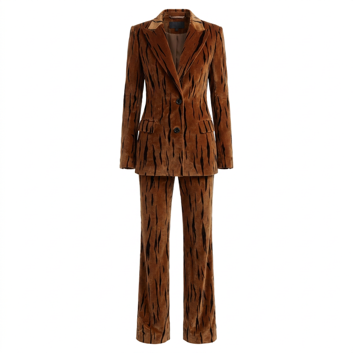 Tiger Stripe Double-Breasted Blazer &amp; Flared Pants Suit Set-Vyana Collective