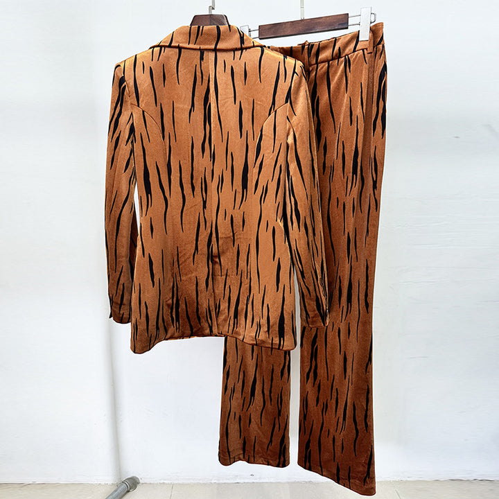 Tiger Stripe Double-Breasted Blazer &amp; Flared Pants Suit Set-Vyana Collective