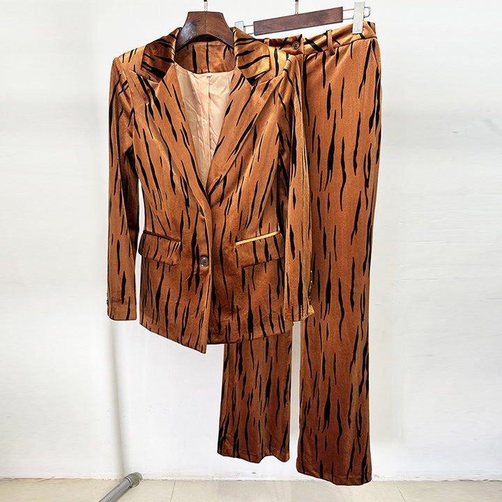 Tiger Stripe Double-Breasted Blazer &amp; Flared Pants Suit Set-Vyana Collective