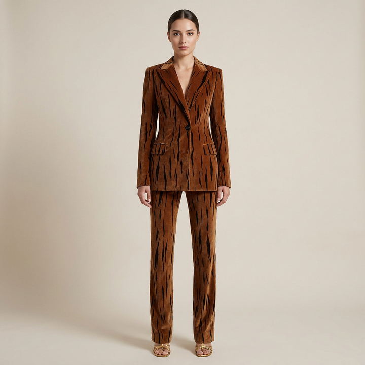 Tiger Stripe Double-Breasted Blazer &amp; Flared Pants Suit Set-Vyana Collective