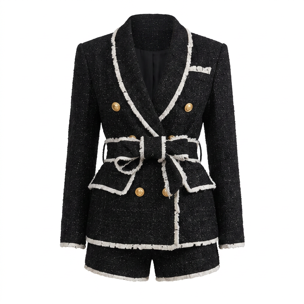 Tweed Belted Blazer and High-Waist Shorts Set-Vyana Collective