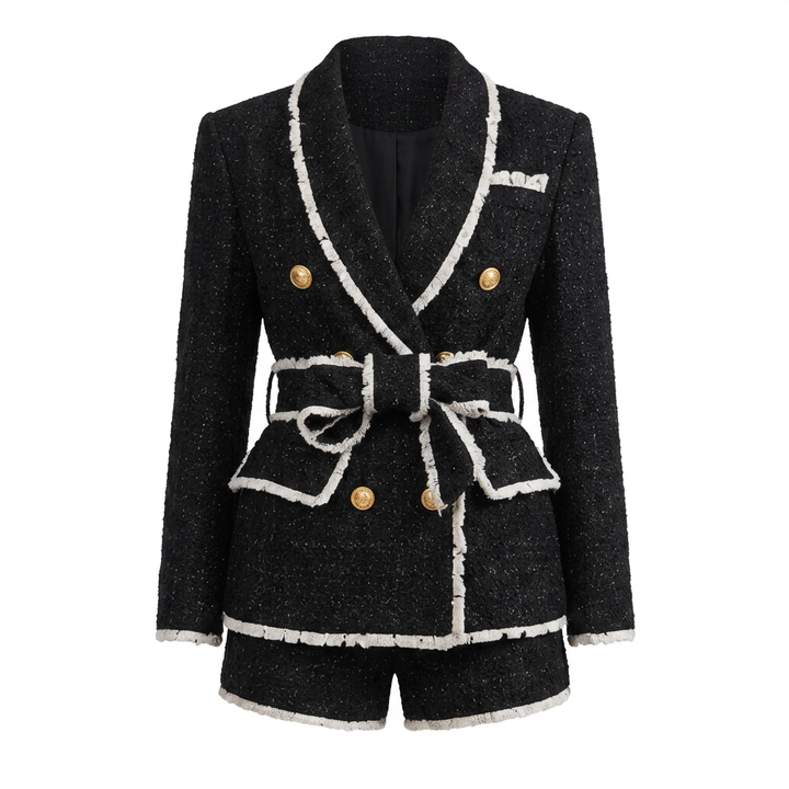 Tweed Belted Blazer and High-Waist Shorts Set-Vyana Collective