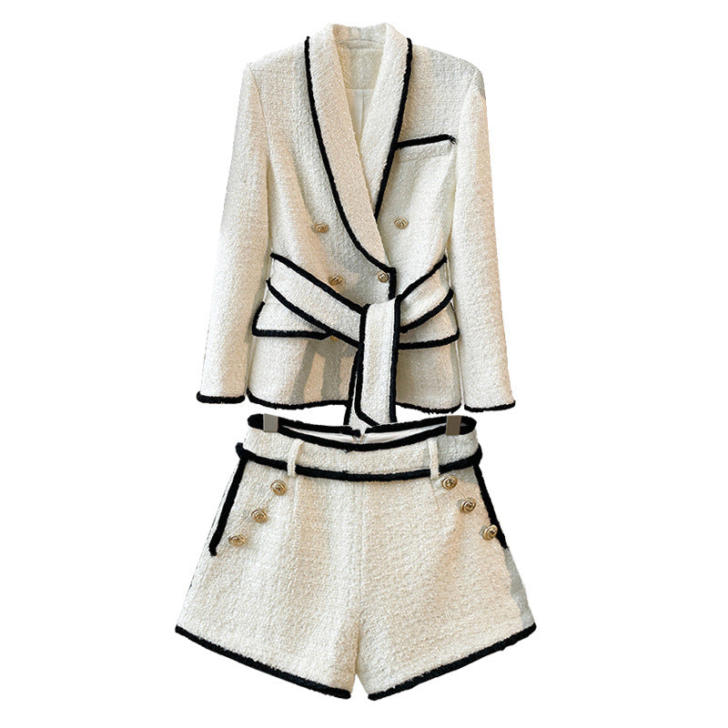 Tweed Belted Blazer and High-Waist Shorts Set-Vyana Collective
