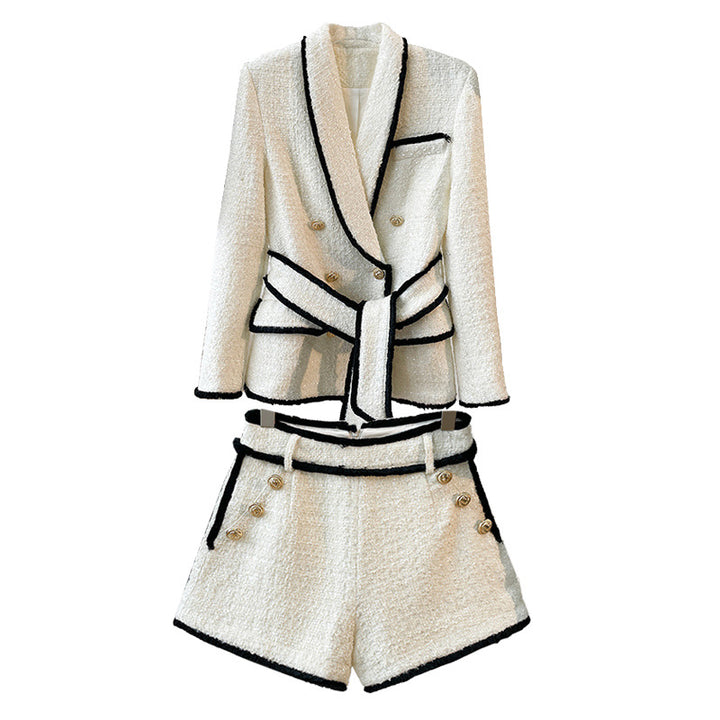 Tweed Belted Blazer and High-Waist Shorts Set-Vyana Collective