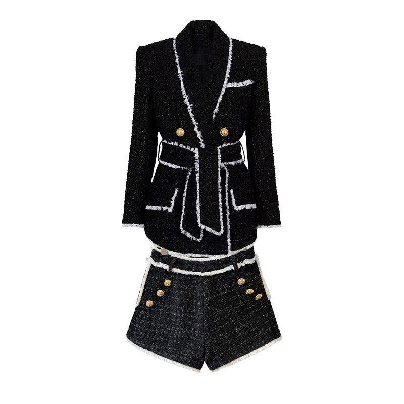 Tweed Belted Blazer and High-Waist Shorts Set-Vyana Collective