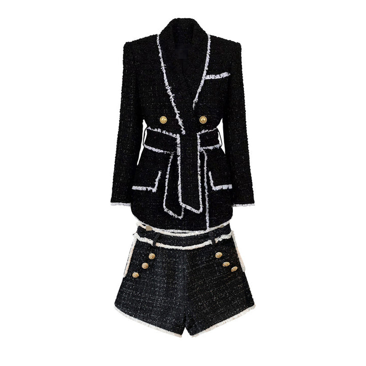 Tweed Belted Blazer and High-Waist Shorts Set-Vyana Collective