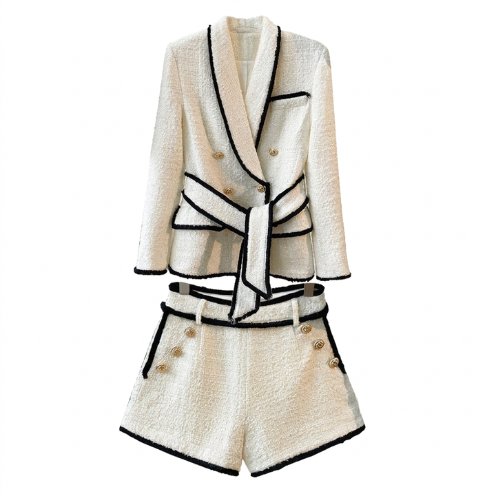 Tweed Belted Blazer and High-Waist Shorts Set-Vyana Collective