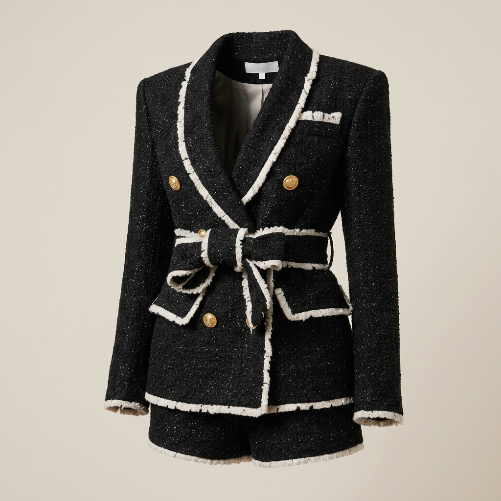 Tweed Belted Blazer and High-Waist Shorts Set-Vyana Collective
